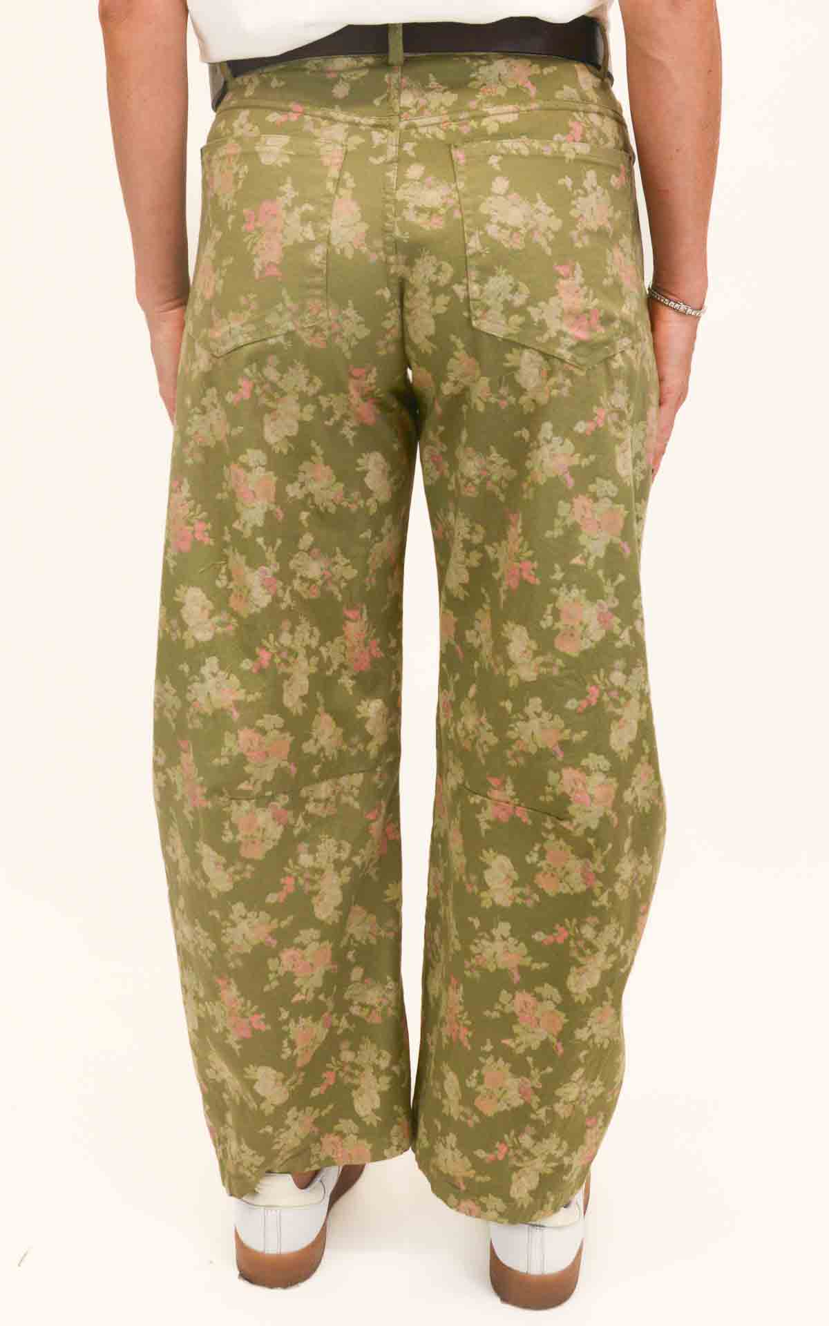 OFF-ON - Pantalone barrel floreale - Verde olio