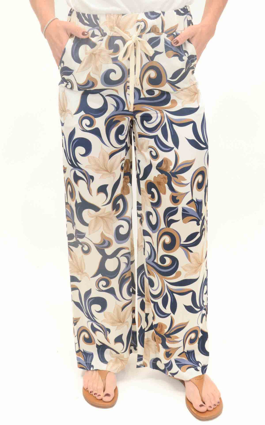 AYFËE -  Pantalone coulisse stampa geometrica floreale - Burro / blu