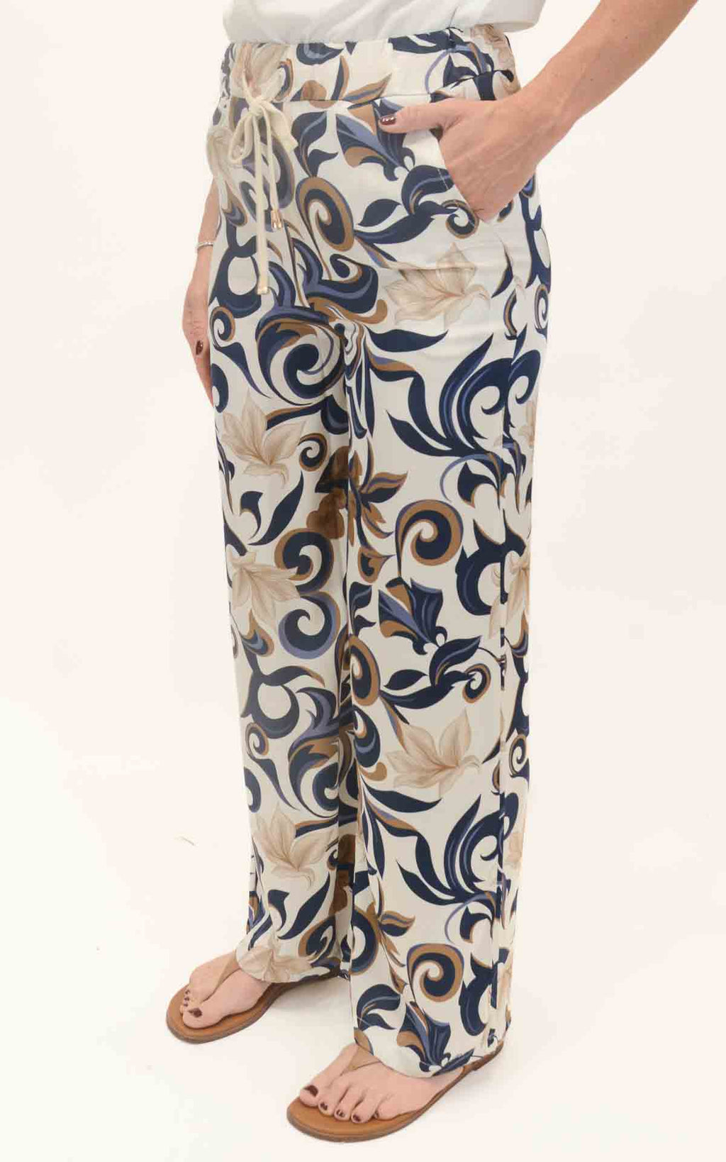 AYFËE -  Pantalone coulisse stampa geometrica floreale - Burro / blu