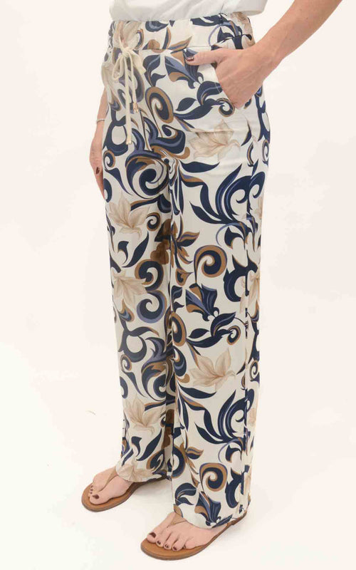 Ayfëe -  Pantalone coulisse stampa geometrica floreale - Burro / blu
