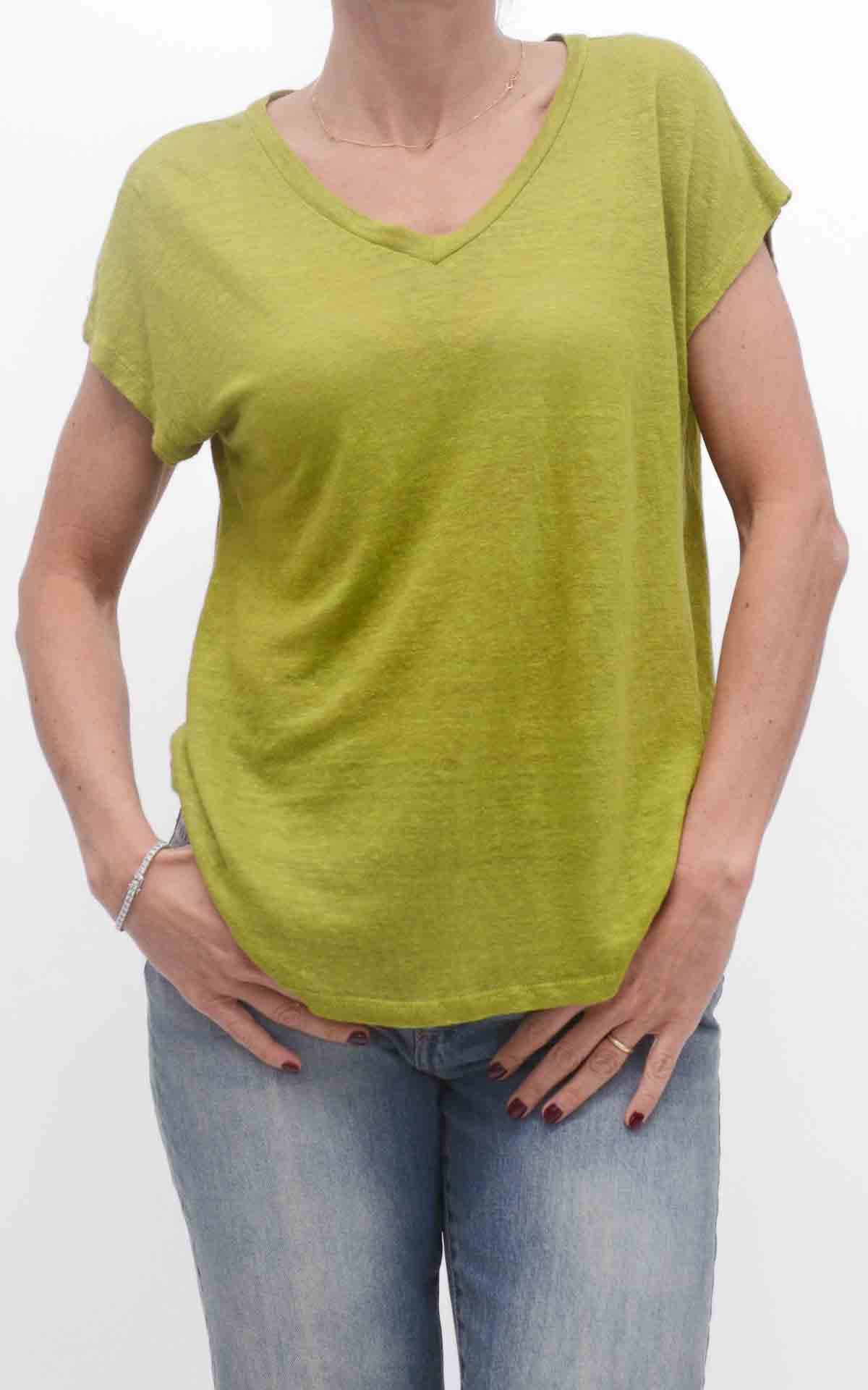 OFF-ON - Maglia in lino scollo a V - Verde pistacchio