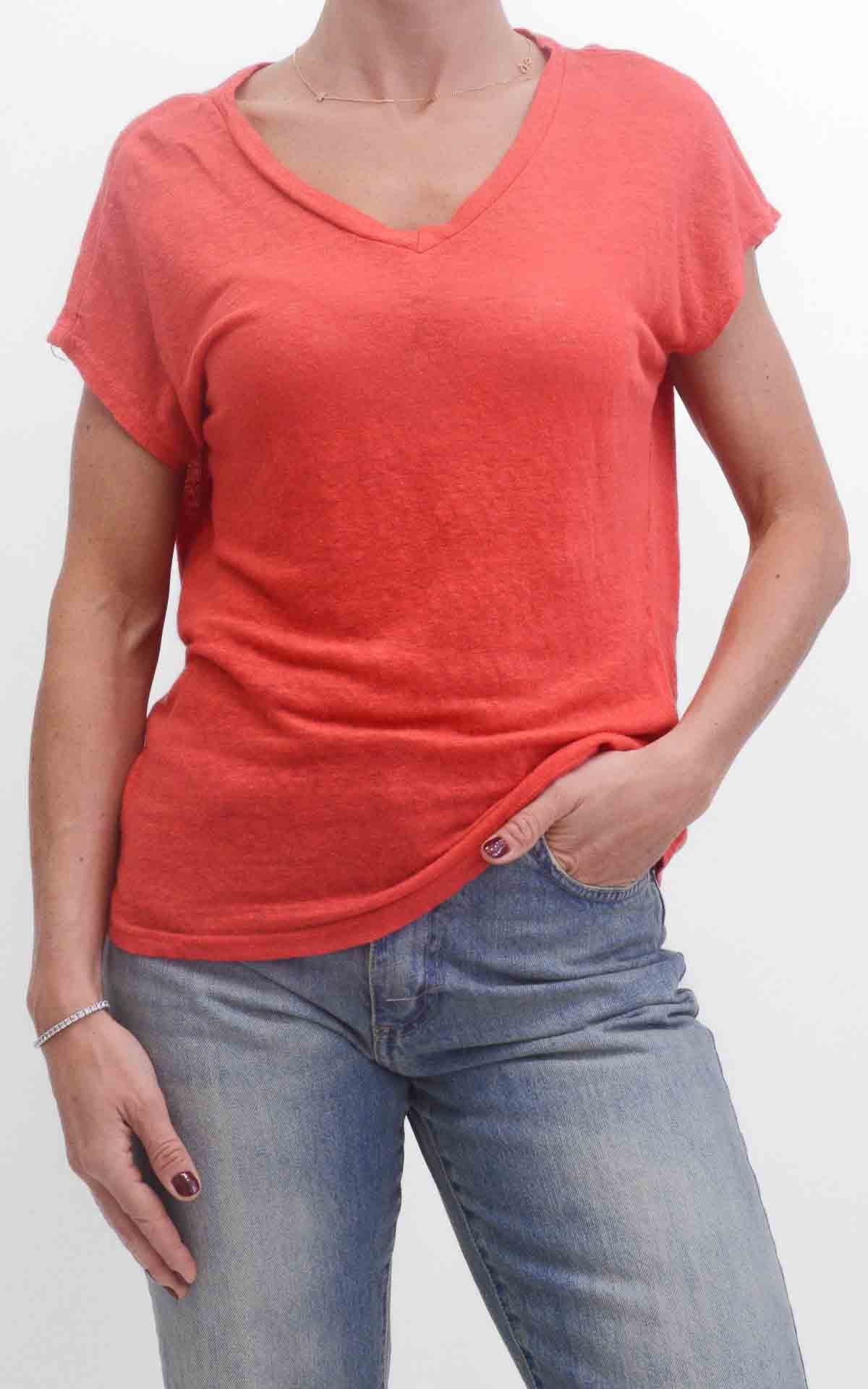 OFF-ON - Maglia in lino scollo a V - Corallo