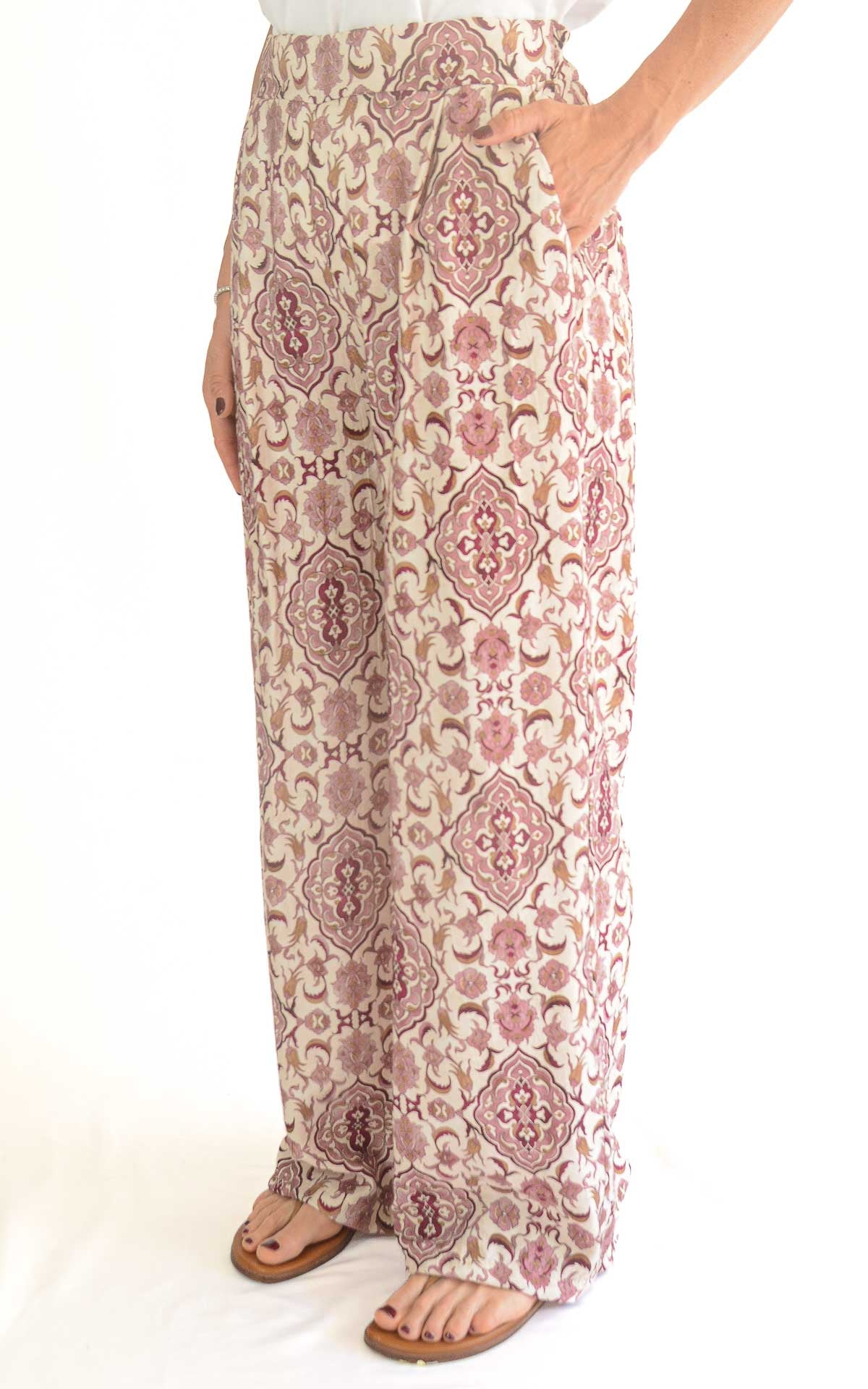 Off-on - Pantalone viscosa fantasia - Burro / rosa