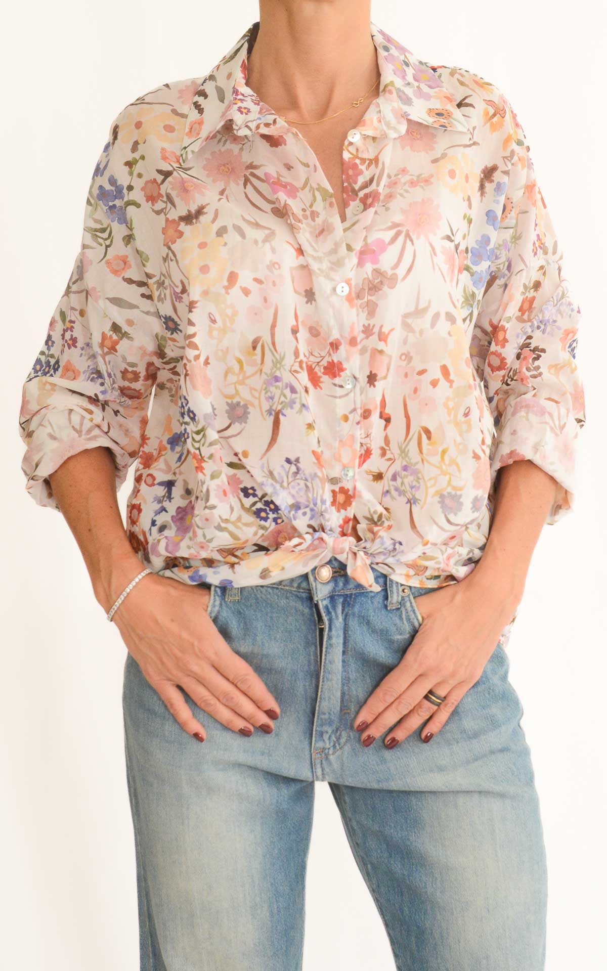 Off-on - Camicia fantasia in mussola di cotone - Burro / rosa