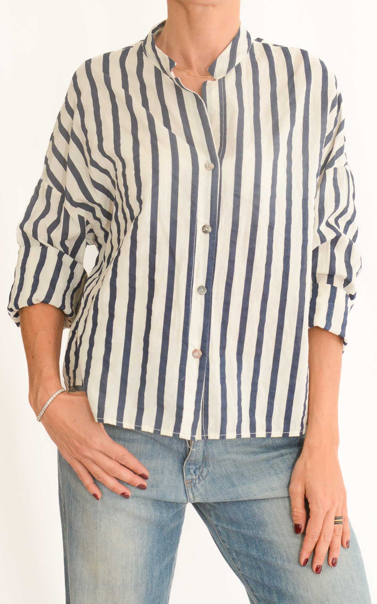 Off-on - Camicia mussola riga - Latte / blu