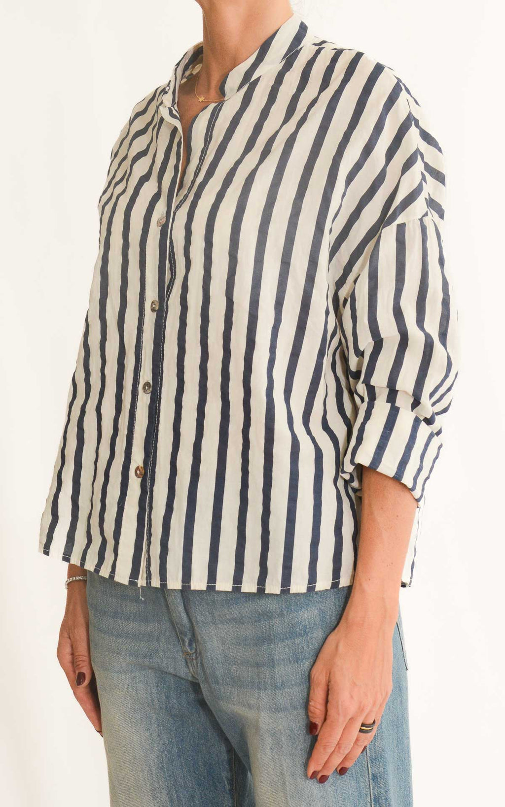 Off-on - Camicia mussola riga - Latte / blu
