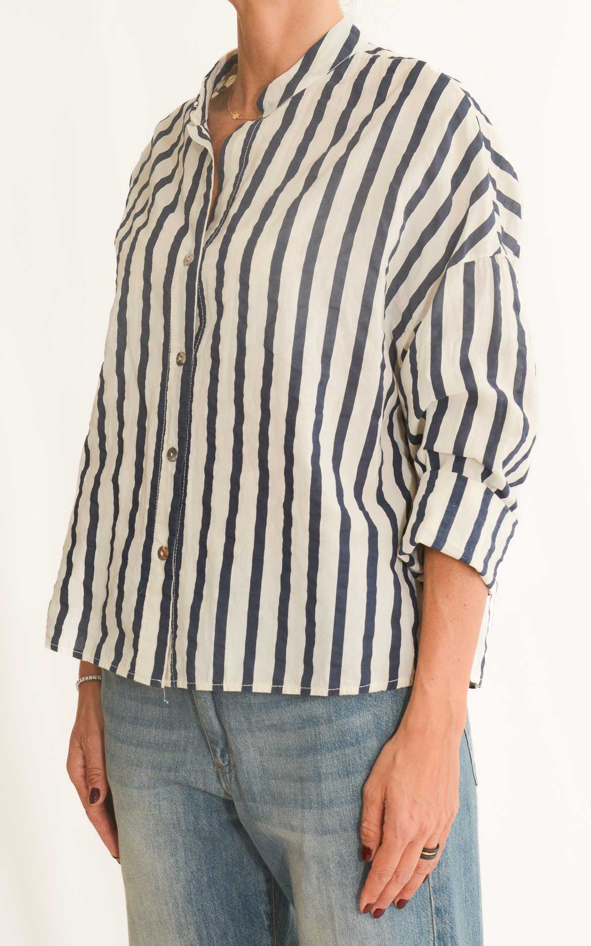Off-on - Camicia mussola riga - Latte / blu