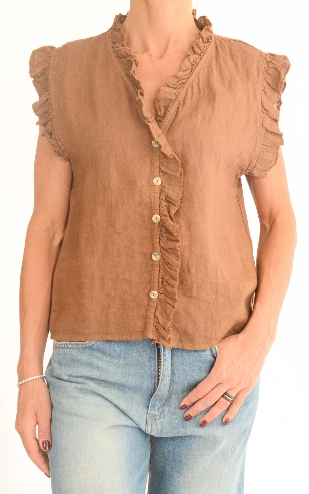 Off-on - Blusa in lino con rouches - Moro