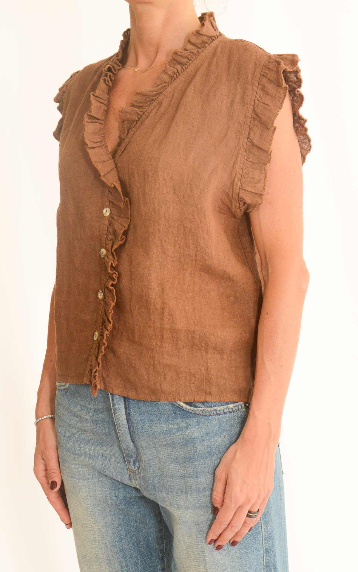 Off-on - Blusa in lino con rouches - Moro