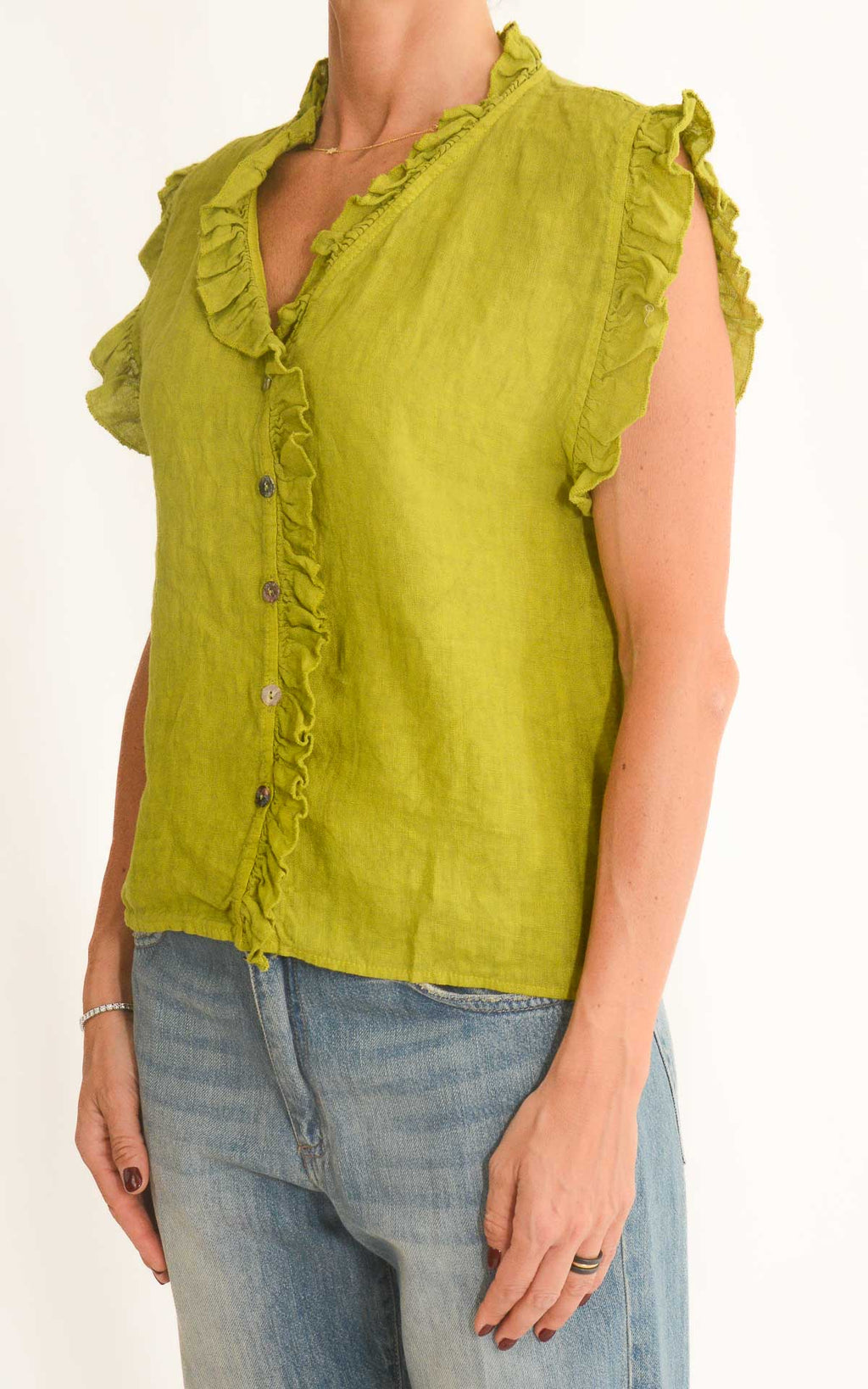 Off-on - Blusa in lino con rouches - Pistacchio