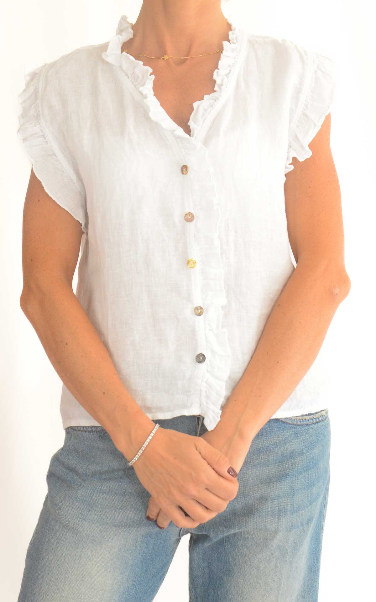 Off-on - Blusa in lino con rouches - Latte