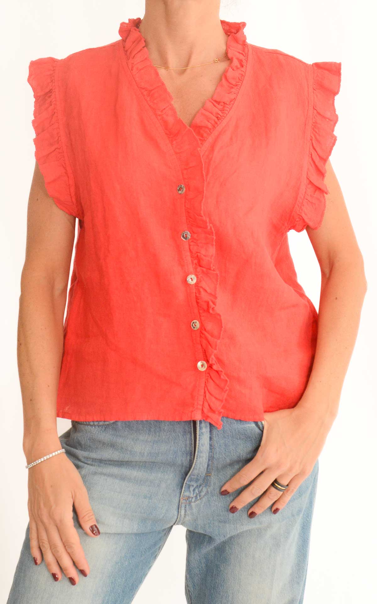 Off-on - Blusa in lino con rouches - Rosso