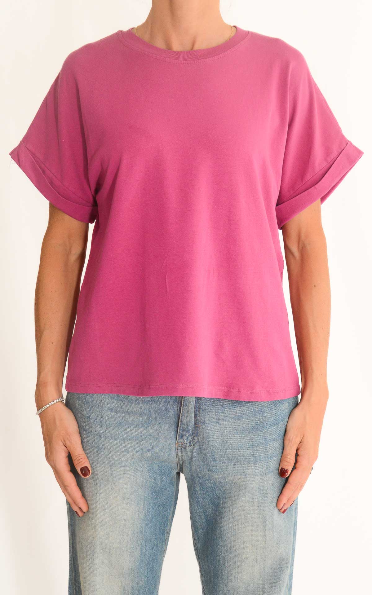 Initial - T-shirt cotone con manica risvolto - Ciclamino