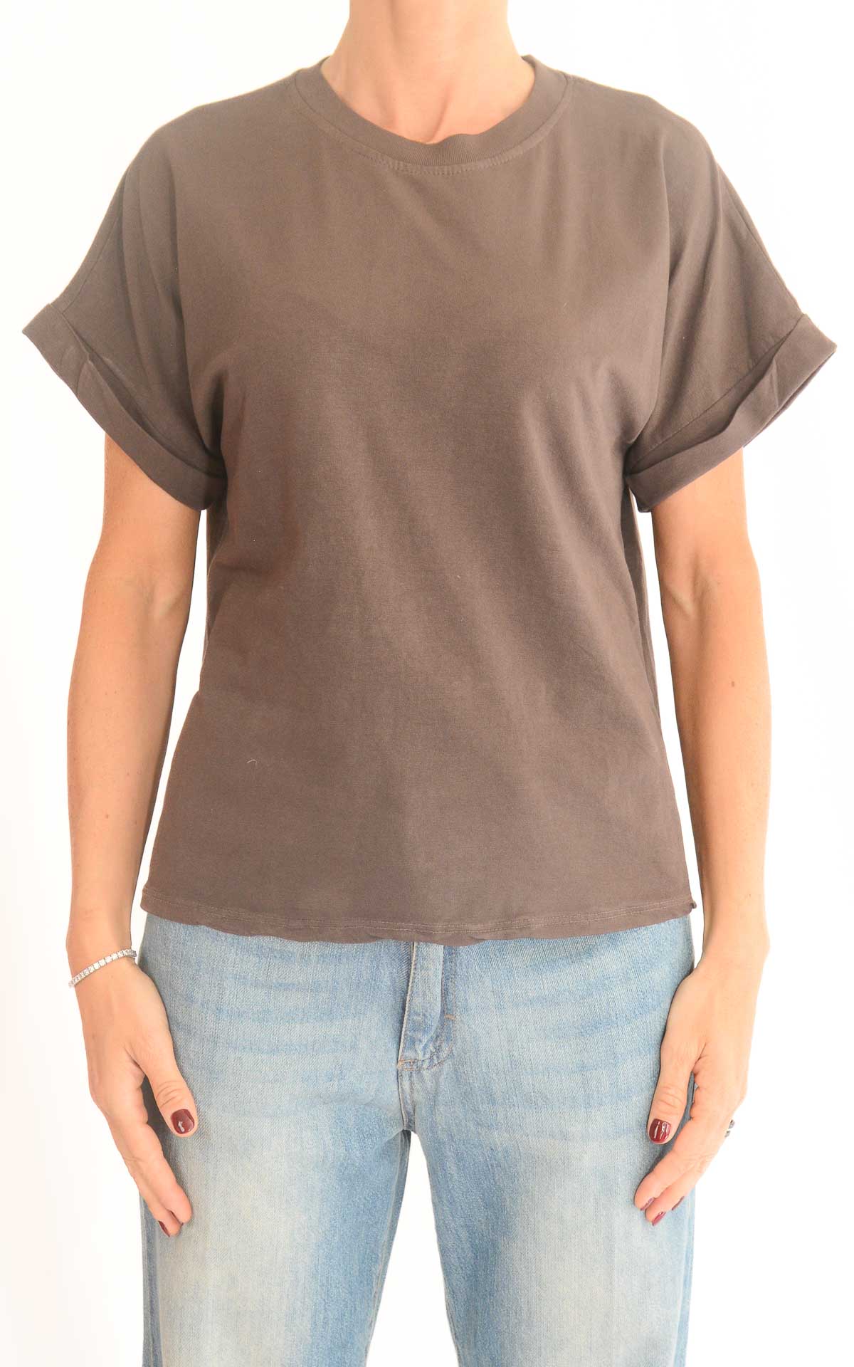 Initial - T-shirt cotone con manica risvolto - Moro