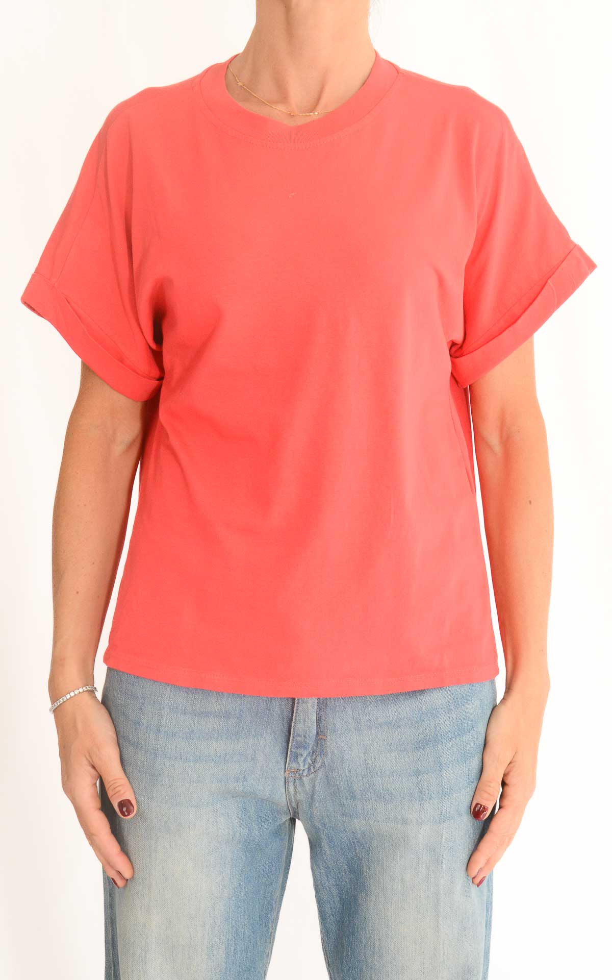 Initial - T-shirt cotone con manica risvolto - Rosso