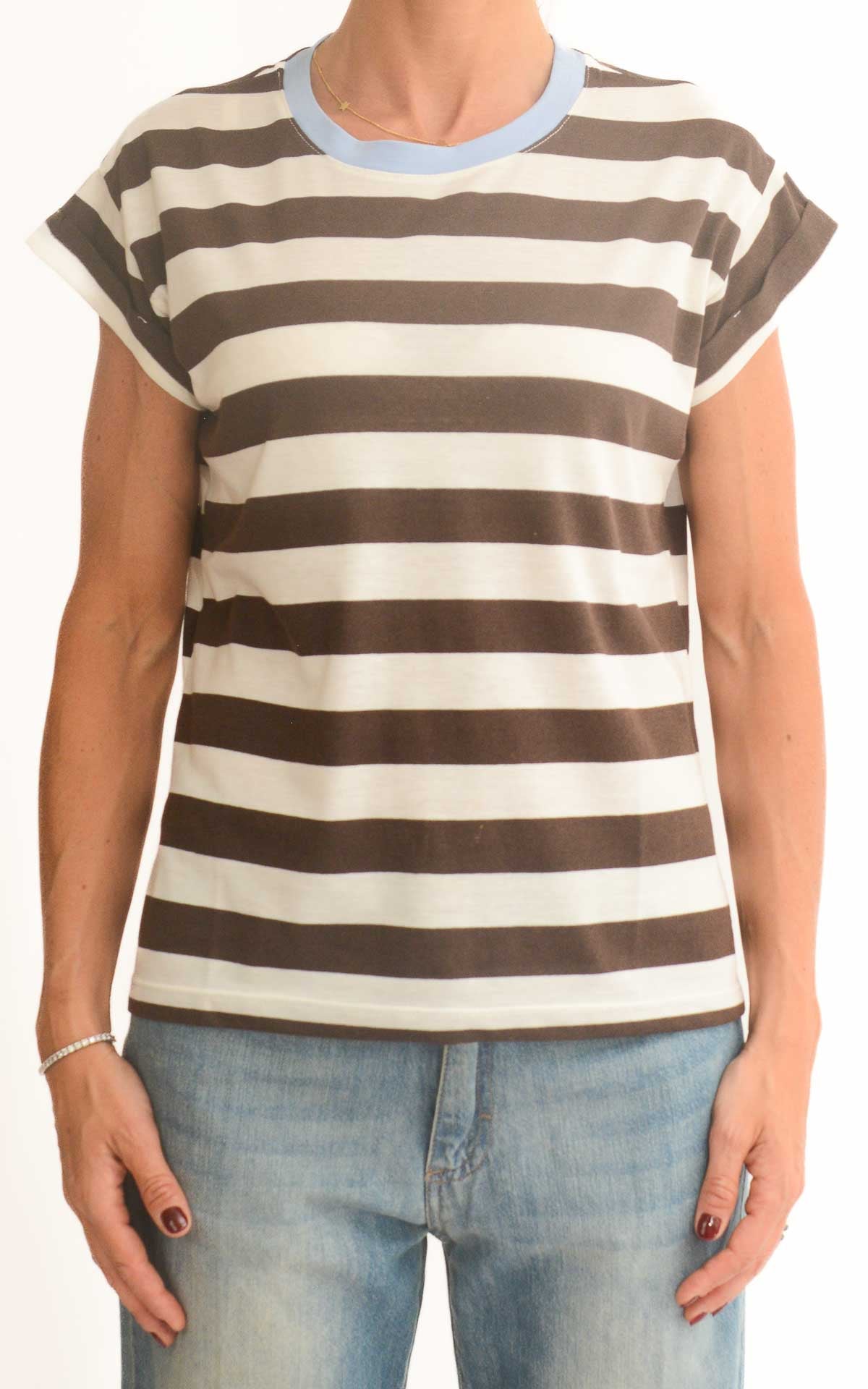 Susymix - T-shir riga larga con bordo colorato - Moro