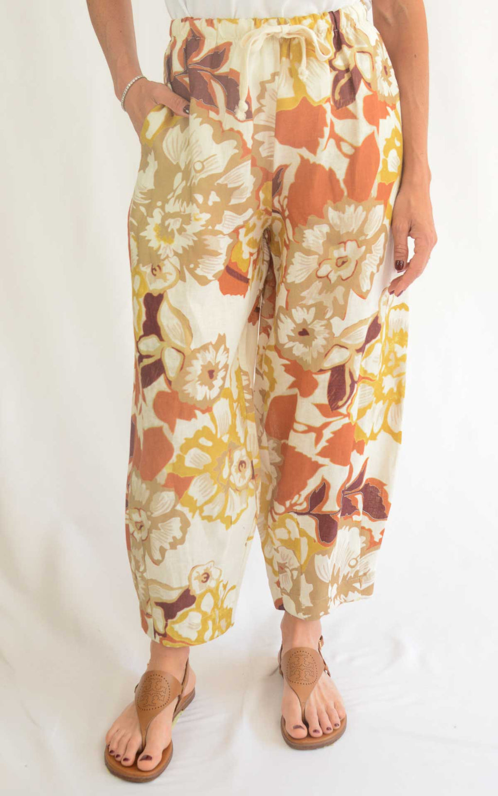 OFF-ON - Pantalone in lino a fantasia - Coccio/ Verde olio