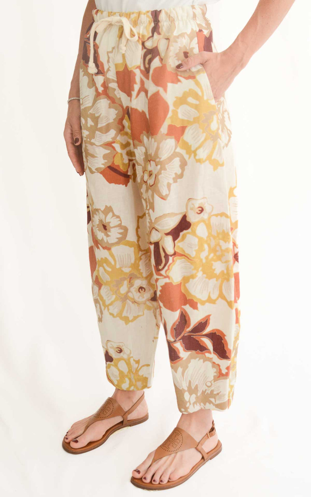 OFF-ON - Pantalone in lino a fantasia - Coccio/ Verde olio