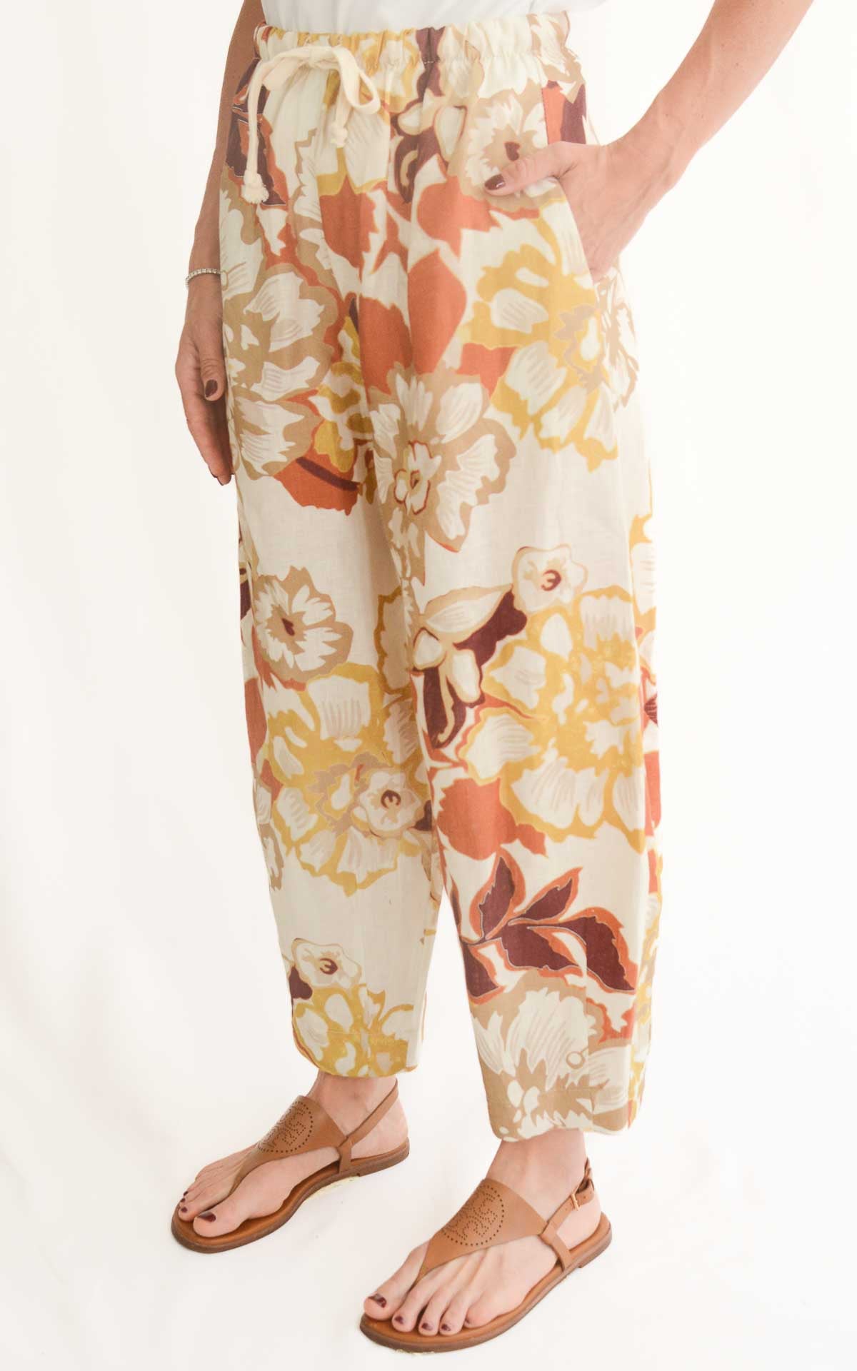 OFF-ON - Pantalone in lino a fantasia - Coccio/ Verde olio