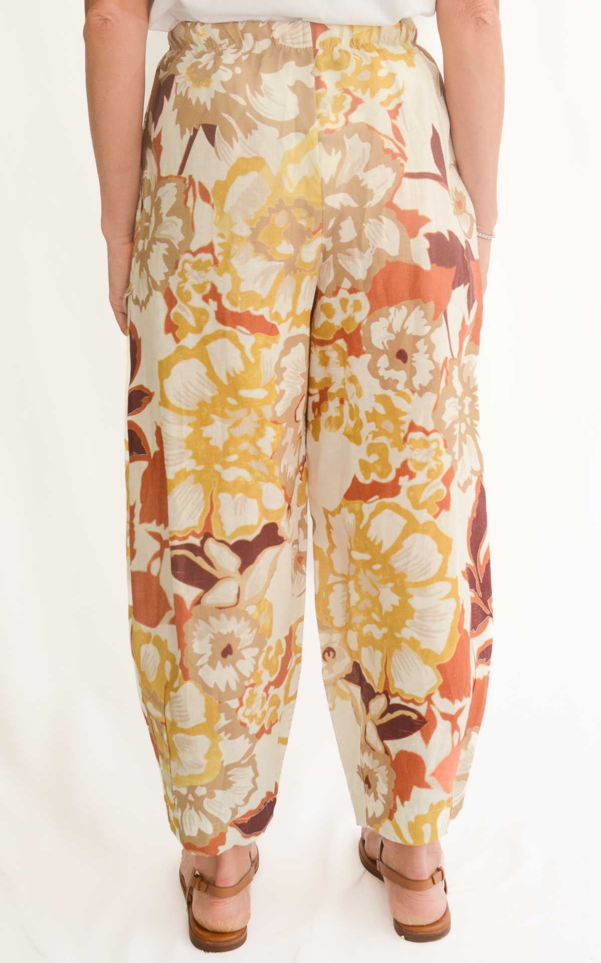 OFF-ON - Pantalone in lino a fantasia - Coccio/ Verde olio