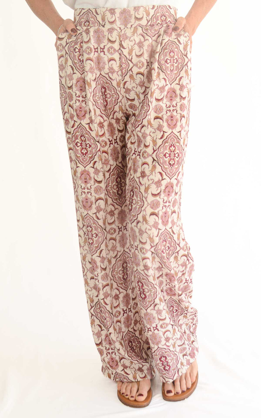 Off-on - Pantalone viscosa fantasia - Burro / rosa