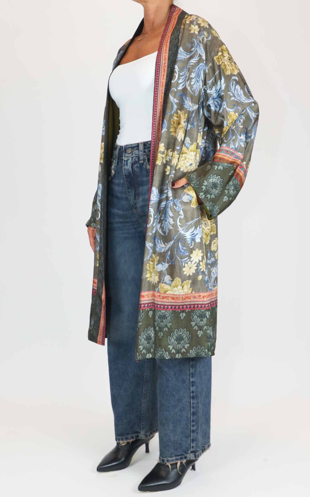 Wu'Side - Kimono lungo fantasia in viscosa - Militare / Giallo