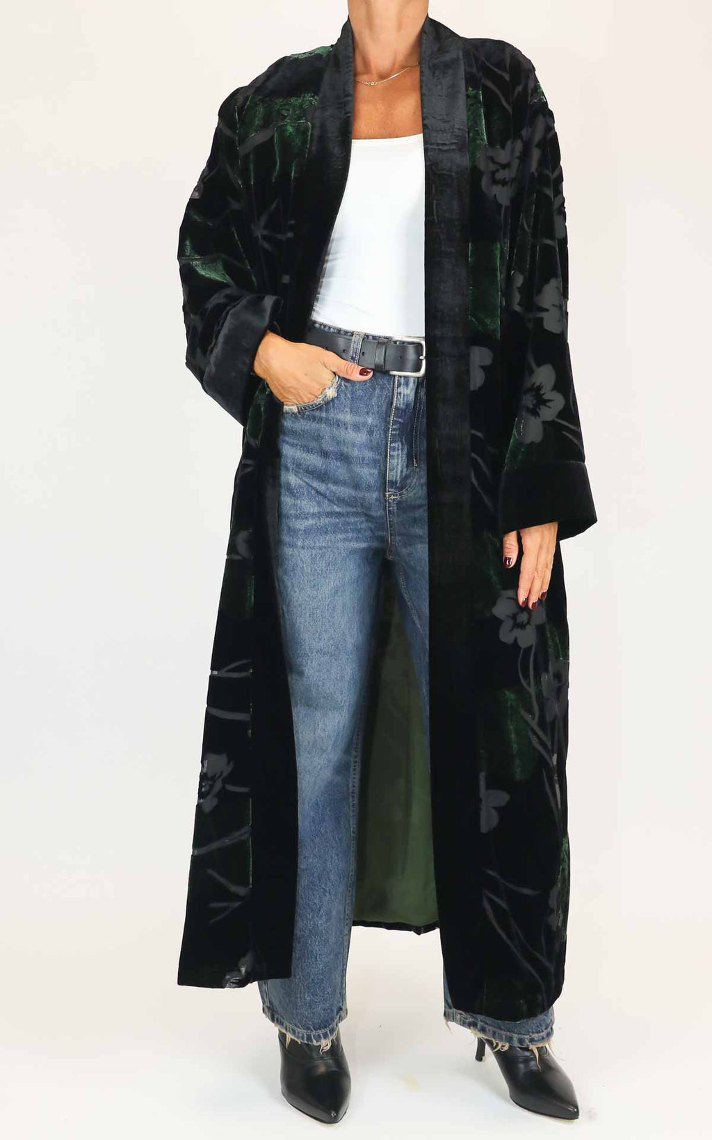 Wu'side - Kimono extra lungo in velluto devoré - Nero