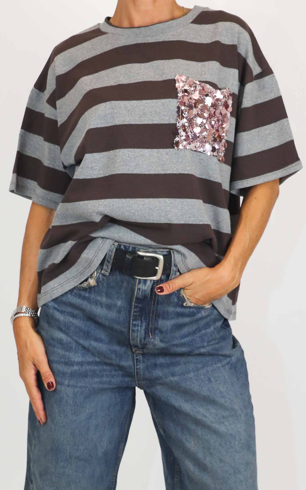 Susymix - Maglia riga con tasca paillettes - Grigio / moro