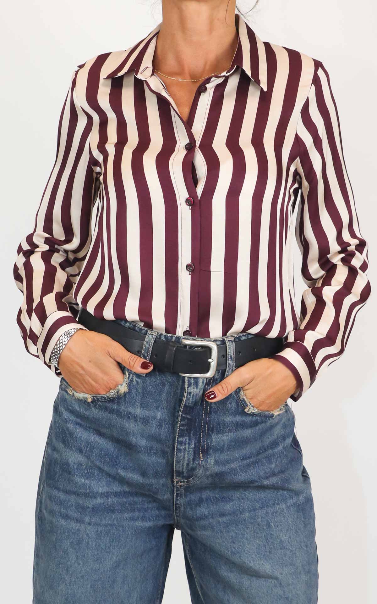 Off-on - Camicia riga in viscosa lucida - Barolo / burro