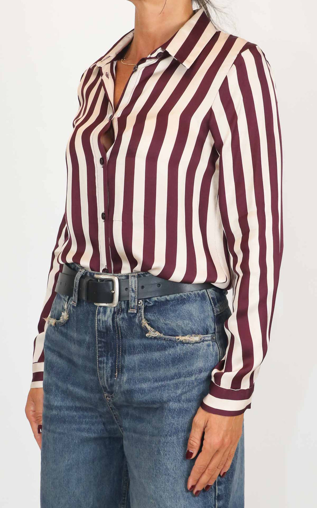 Off-on - Camicia riga in viscosa lucida - Barolo / burro