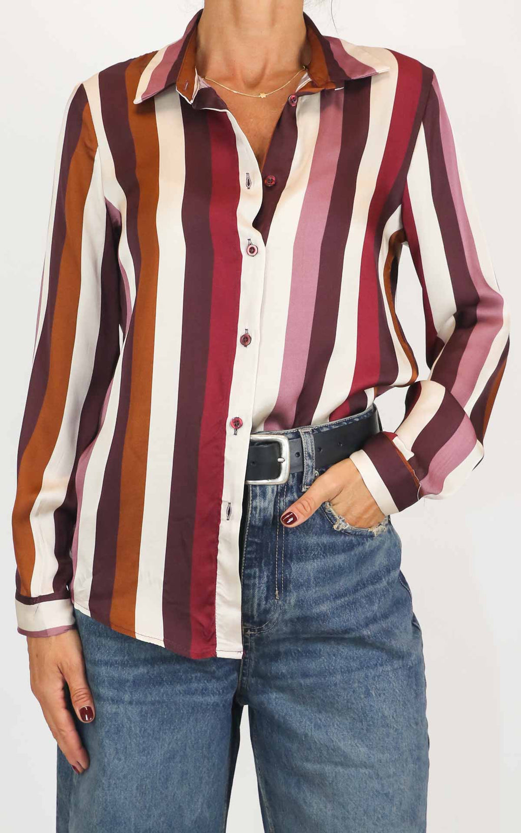 Off-on - Camicia riga in viscosa lucida - Barolo / Camel / Burro
