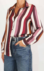 Off-on - Camicia riga in viscosa lucida - Barolo / Camel / Burro