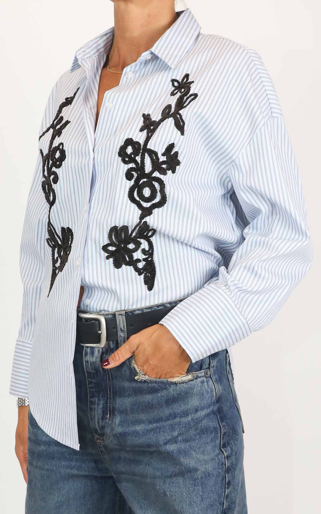 Eco - Camicia riga con ricamo - Celeste