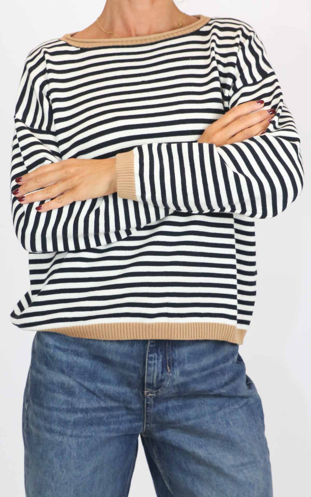Susymix - Maglia a righe bordo colorato - Nero/camel