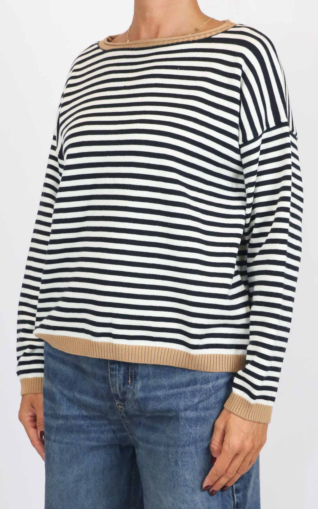 Susymix - Maglia a righe bordo colorato - Nero/camel
