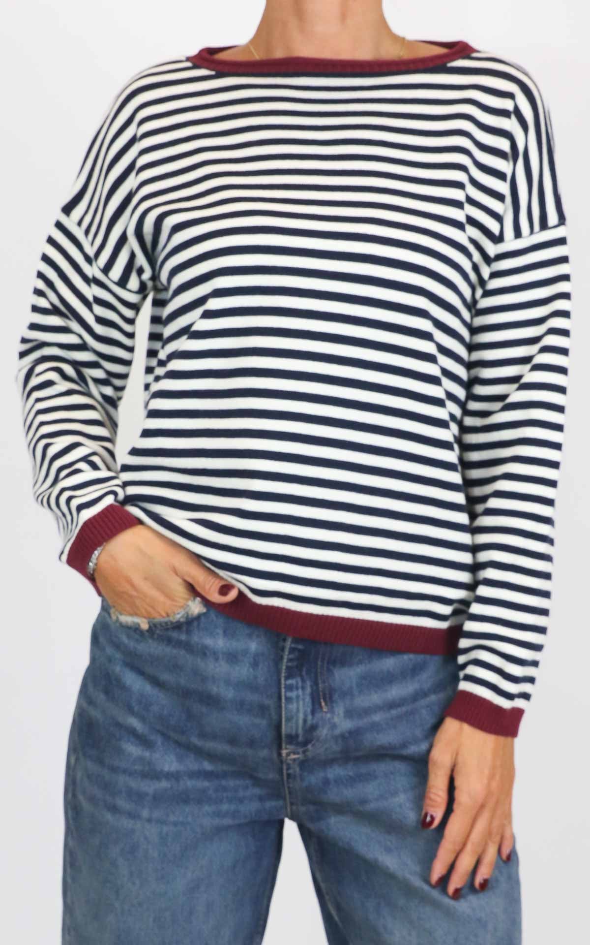 Susymix - Maglia a righe bordo colorato - Blu/bordeaux