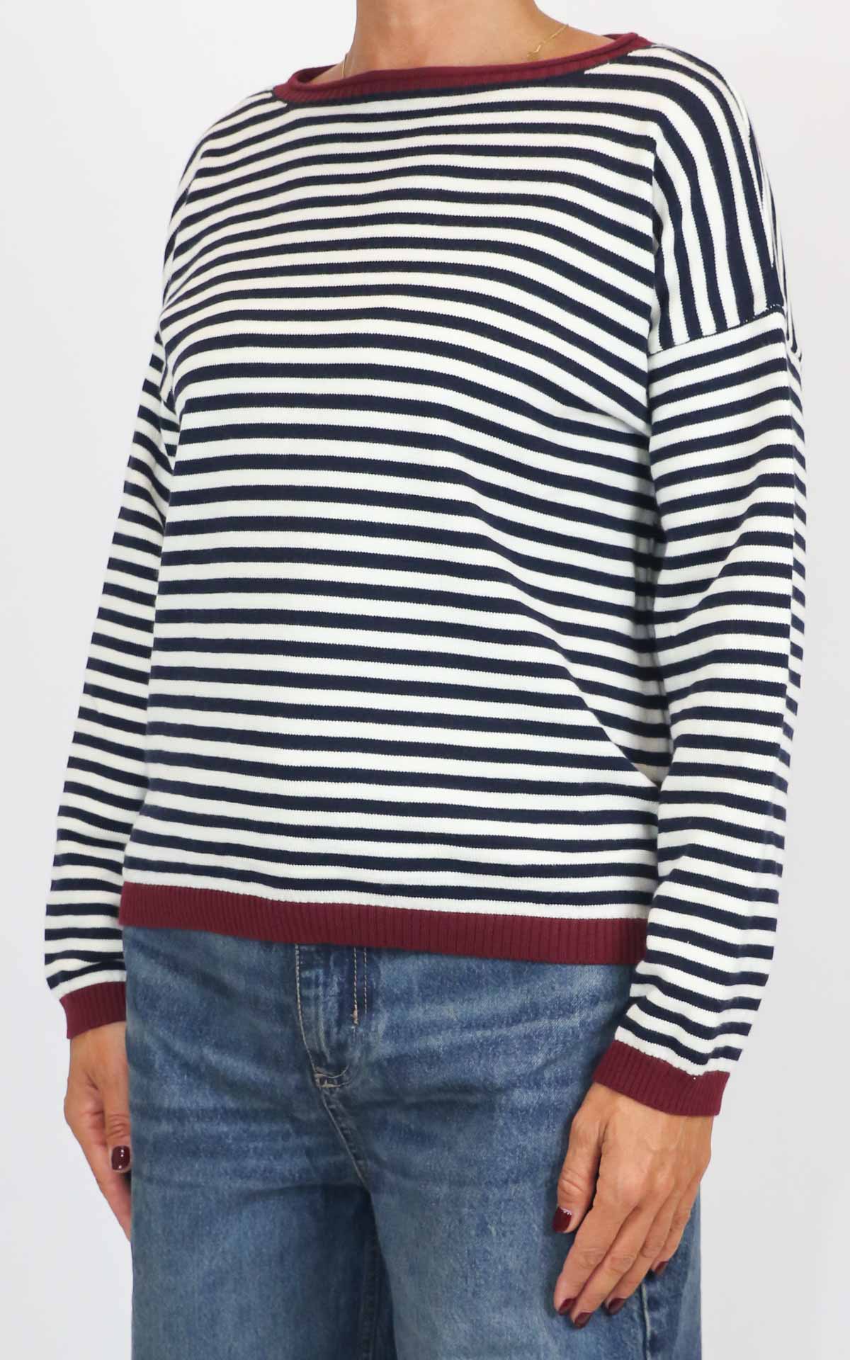Susymix - Maglia a righe bordo colorato - Blu/bordeaux