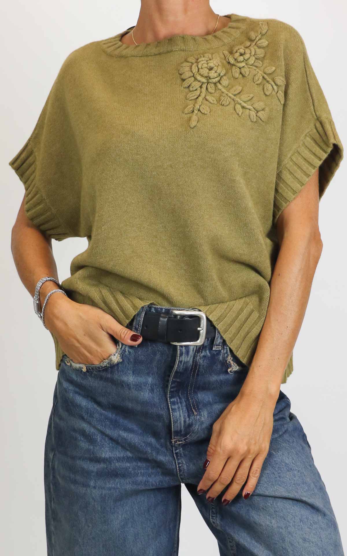 Initial - Gilet decoro fiore - Verde oliva