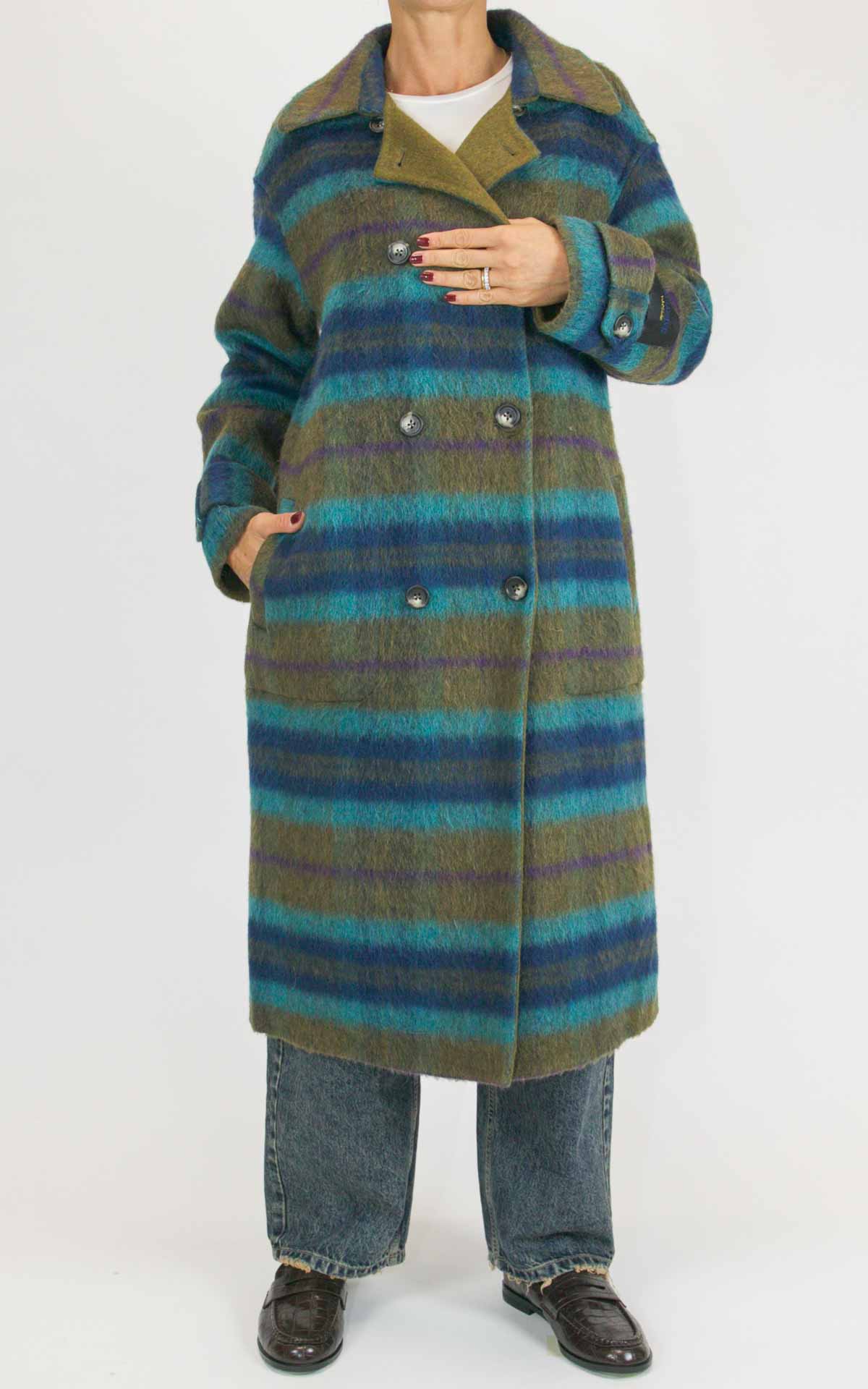 Wu'Side - Cappotto lungo check double in lana - Oliva / turchese