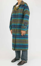 Wu'Side - Cappotto lungo check double in lana - Oliva / turchese