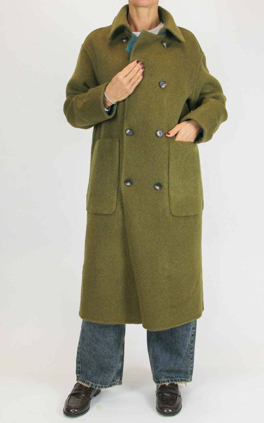 Wu'Side - Cappotto lungo check double in lana - Oliva / turchese