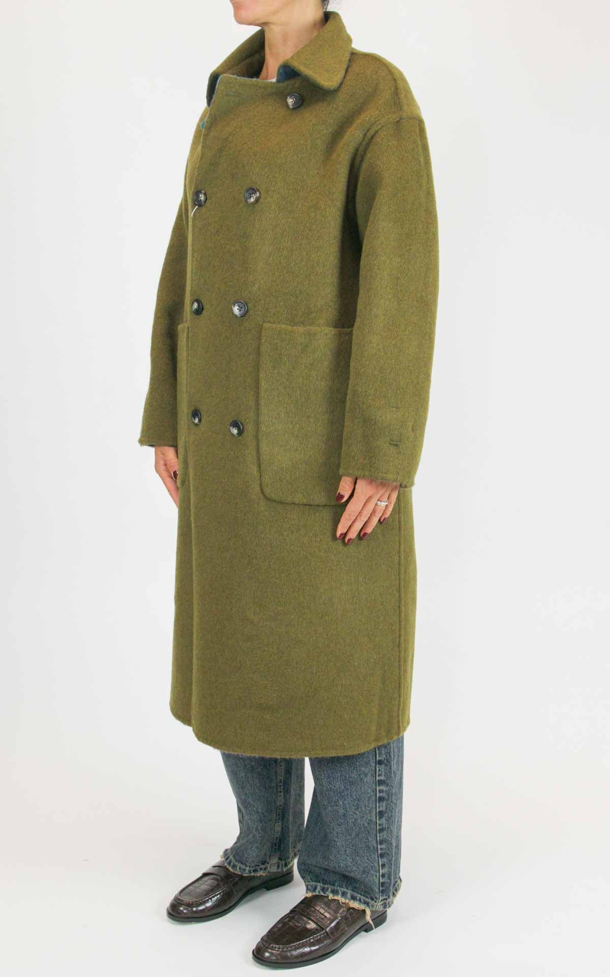 Wu'Side - Cappotto lungo check double in lana - Oliva / turchese