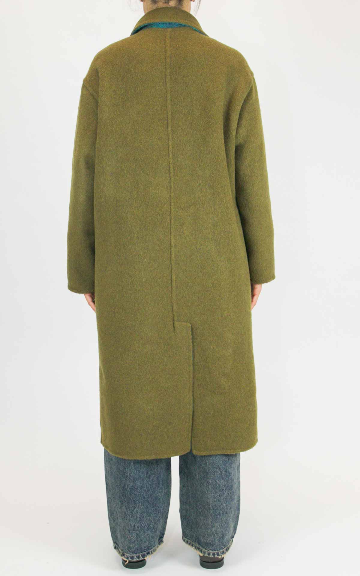 Wu'Side - Cappotto lungo check double in lana - Oliva / turchese