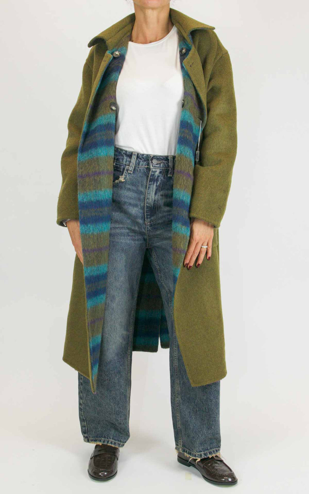 Wu'Side - Cappotto lungo check double in lana - Oliva / turchese