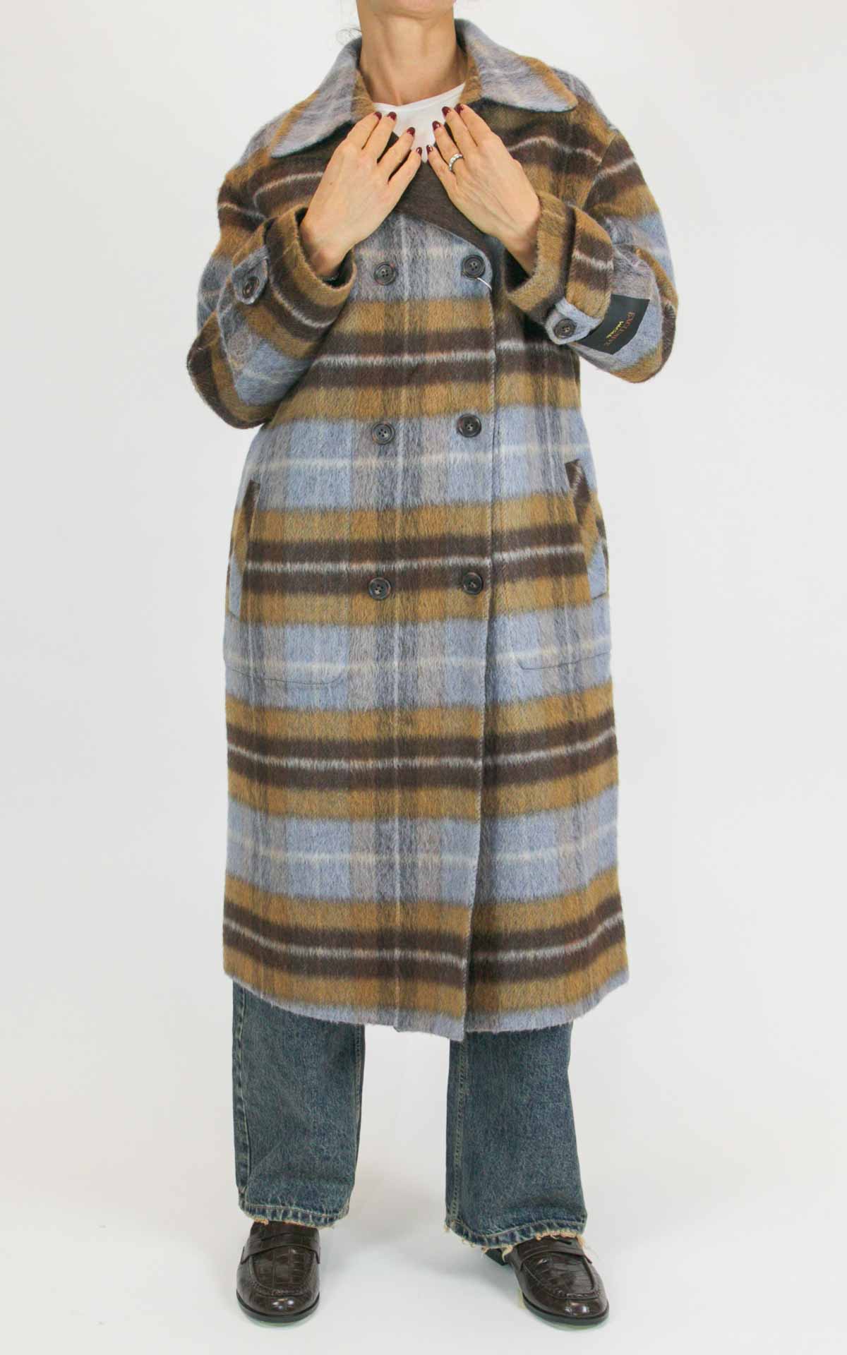 Wu'Side - Cappotto lungo check double in lana - Moro / cielo