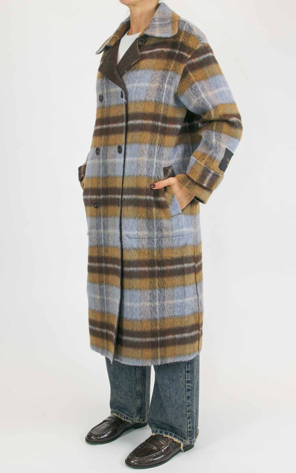 Wu'Side - Cappotto lungo check double in lana - Moro / cielo