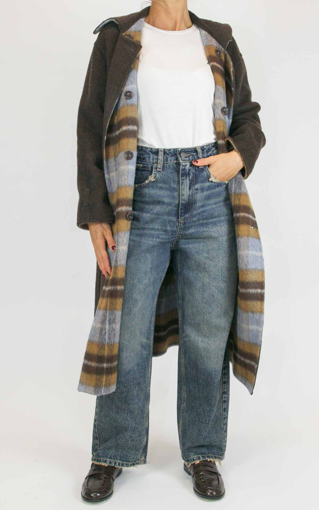 Wu'Side - Cappotto lungo check double in lana - Moro / cielo