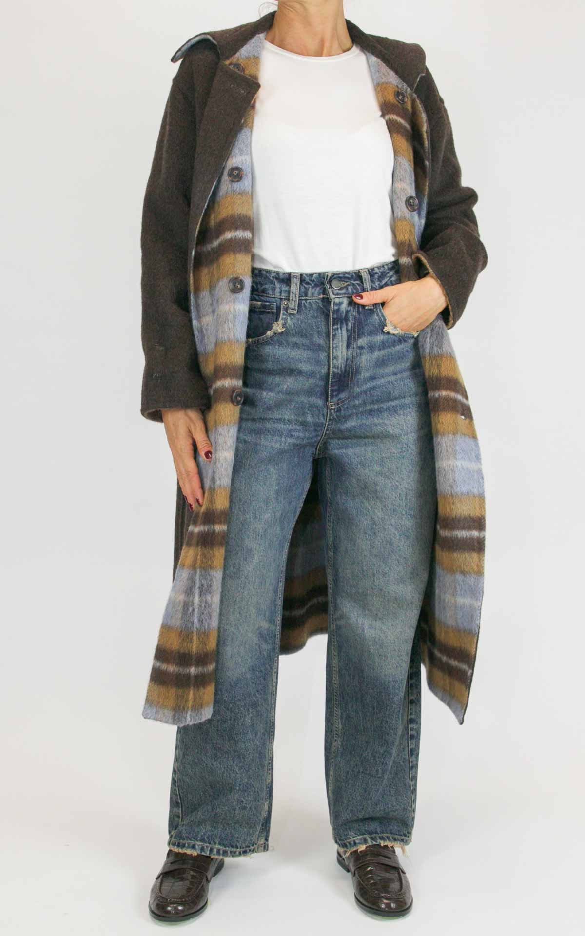 Wu'Side - Cappotto lungo check double in lana - Moro / cielo