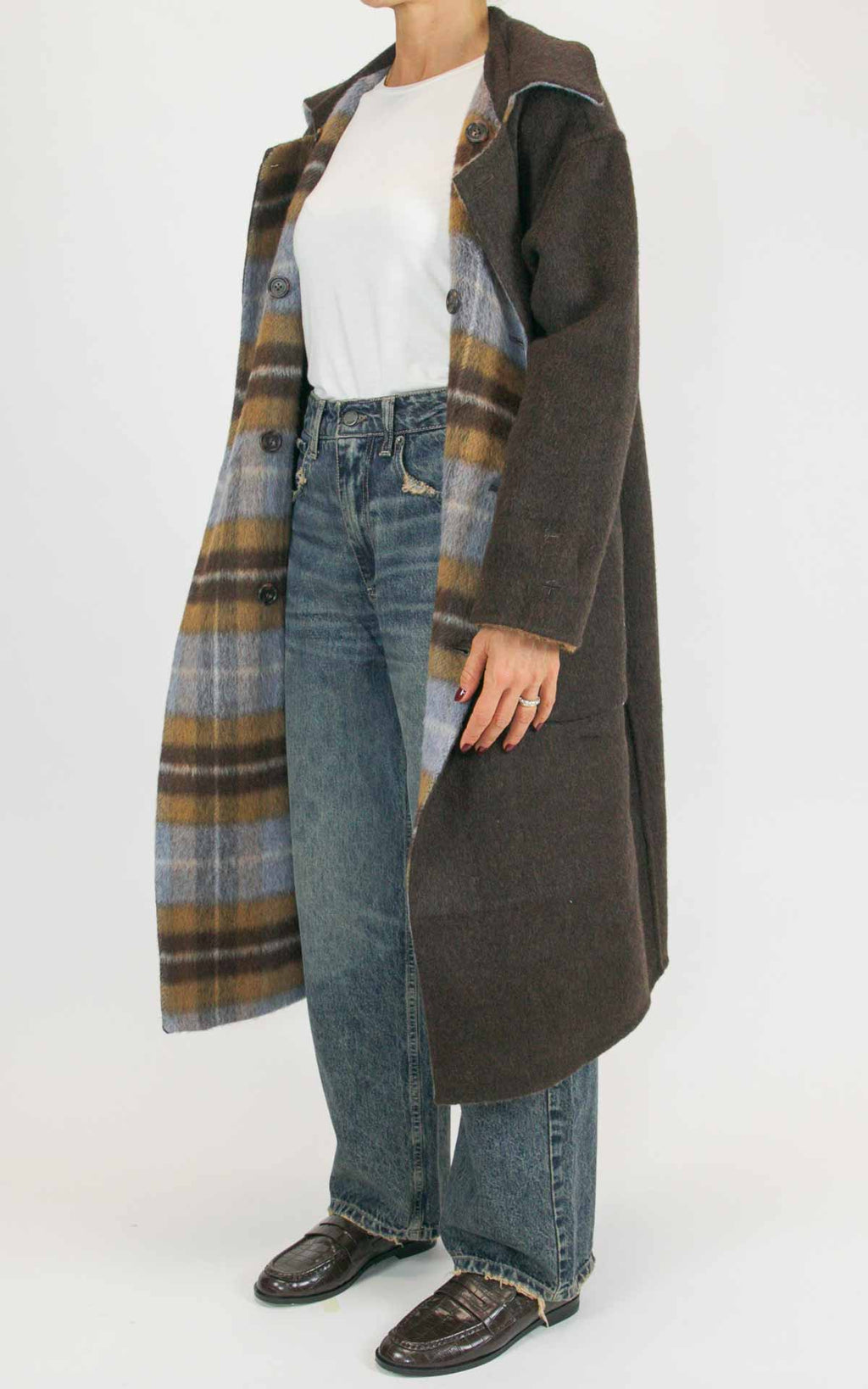 Wu'Side - Cappotto lungo check double in lana - Moro / cielo