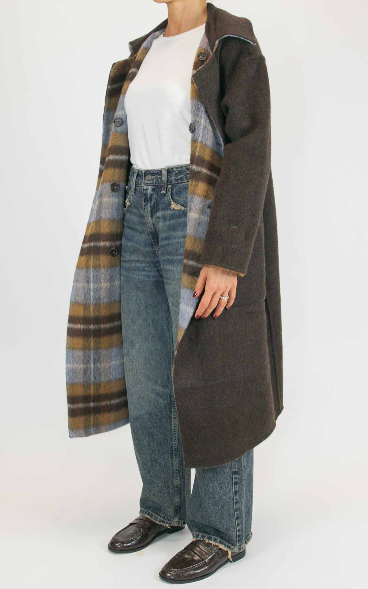 Wu'Side - Cappotto lungo check double in lana - Moro / cielo